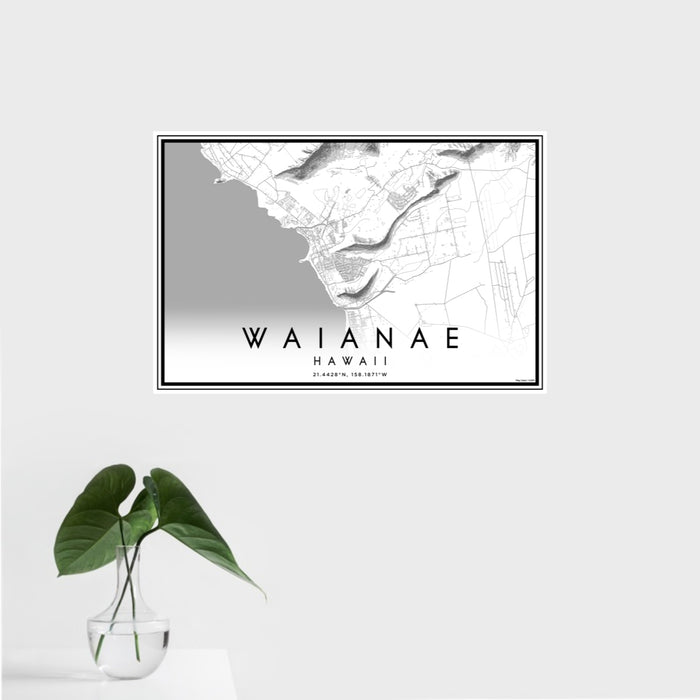 16x24 Waianae Hawaii Map Print Landscape Orientation in Classic Style With Tropical Plant Leaves in Water