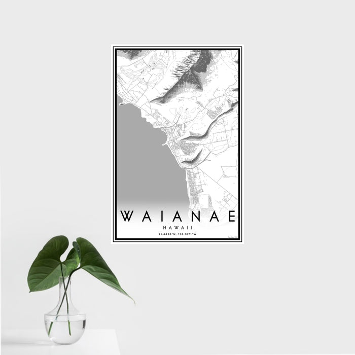 16x24 Waianae Hawaii Map Print Portrait Orientation in Classic Style With Tropical Plant Leaves in Water
