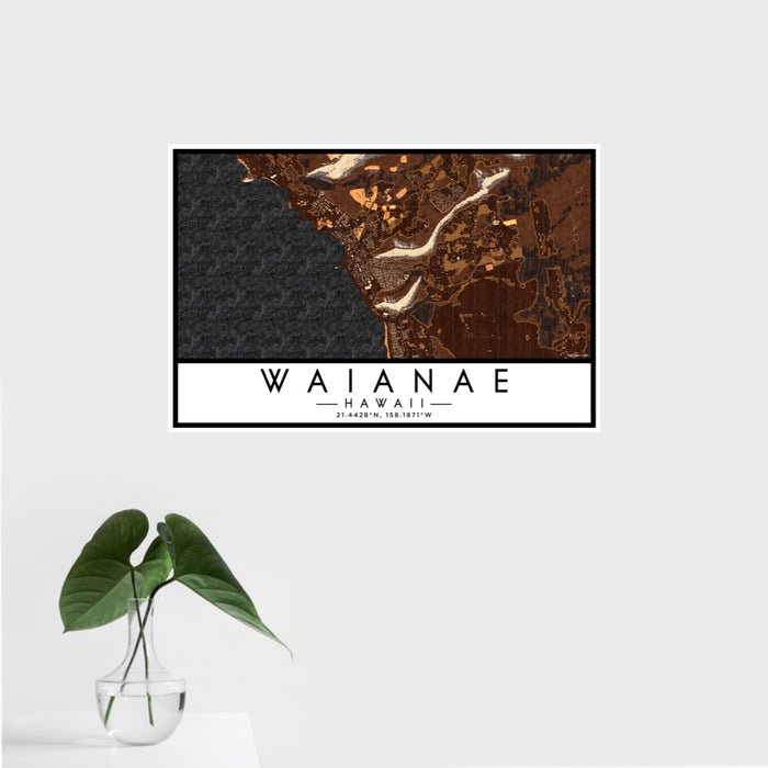 16x24 Waianae Hawaii Map Print Landscape Orientation in Ember Style With Tropical Plant Leaves in Water