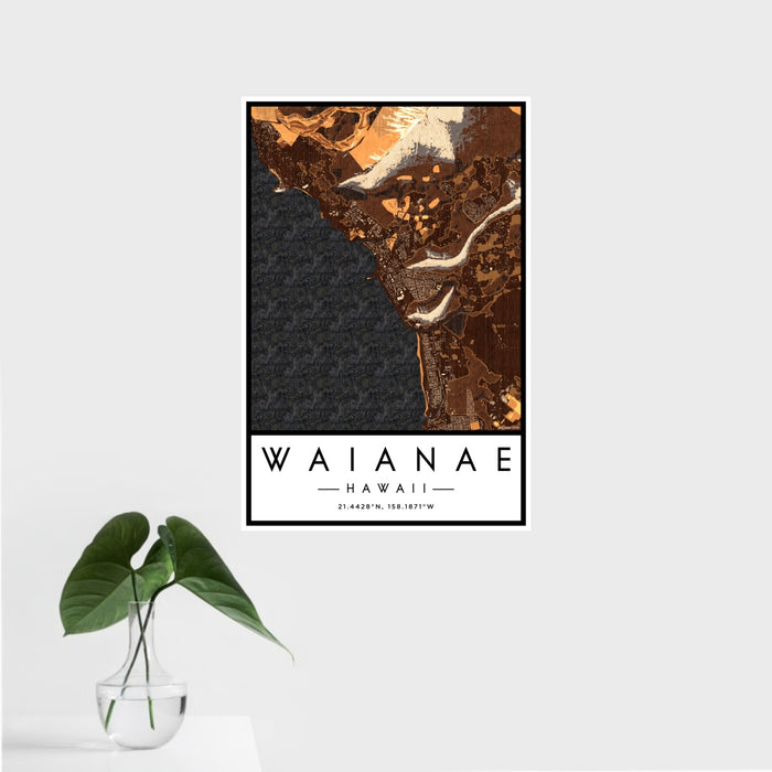 16x24 Waianae Hawaii Map Print Portrait Orientation in Ember Style With Tropical Plant Leaves in Water