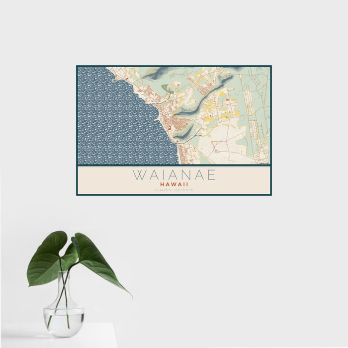 16x24 Waianae Hawaii Map Print Landscape Orientation in Woodblock Style With Tropical Plant Leaves in Water