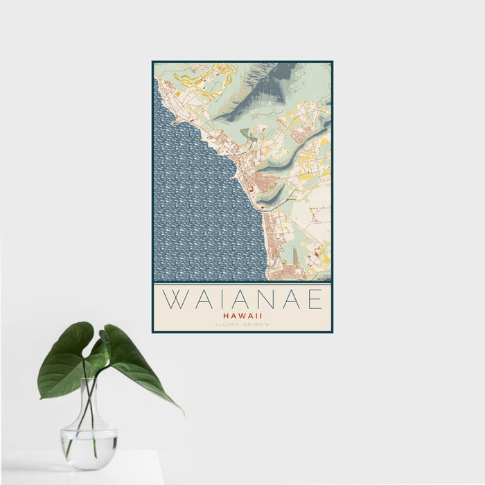 16x24 Waianae Hawaii Map Print Portrait Orientation in Woodblock Style With Tropical Plant Leaves in Water