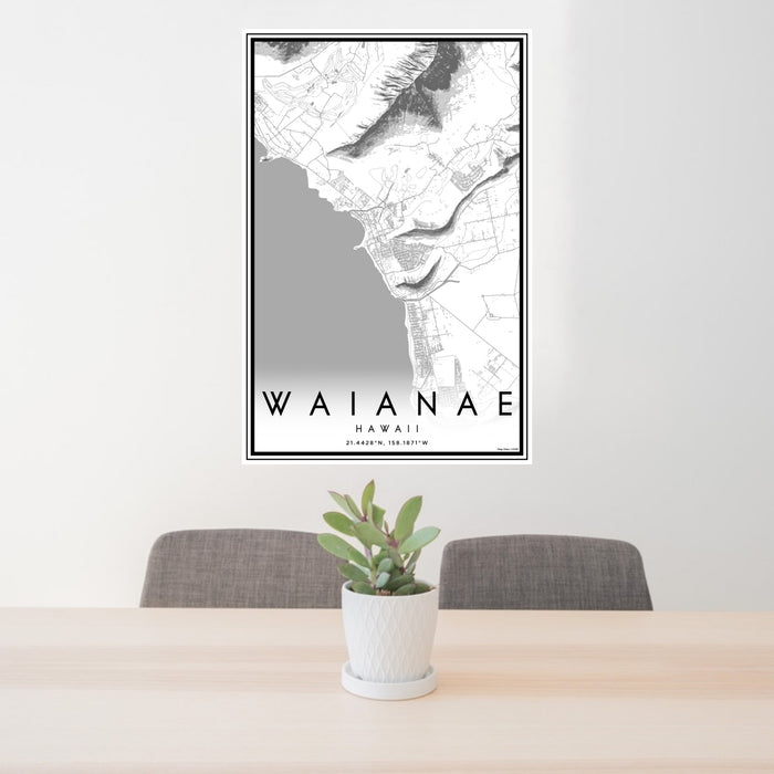 24x36 Waianae Hawaii Map Print Portrait Orientation in Classic Style Behind 2 Chairs Table and Potted Plant