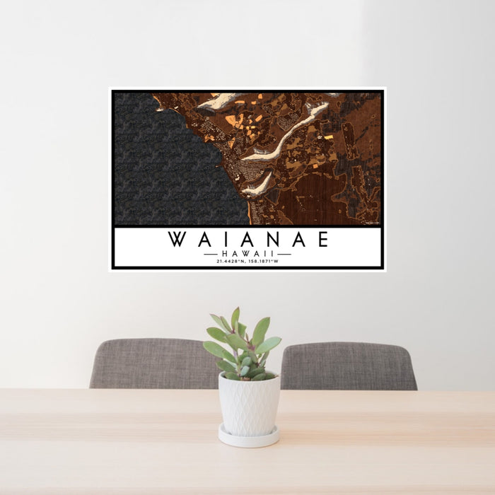 24x36 Waianae Hawaii Map Print Lanscape Orientation in Ember Style Behind 2 Chairs Table and Potted Plant