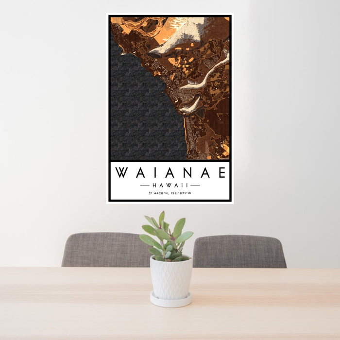 24x36 Waianae Hawaii Map Print Portrait Orientation in Ember Style Behind 2 Chairs Table and Potted Plant
