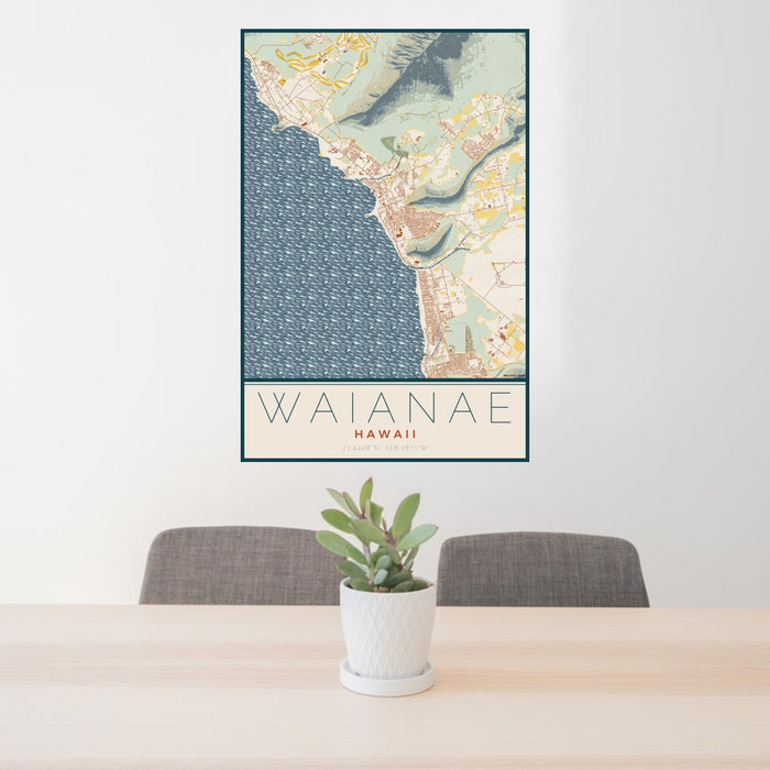 24x36 Waianae Hawaii Map Print Portrait Orientation in Woodblock Style Behind 2 Chairs Table and Potted Plant
