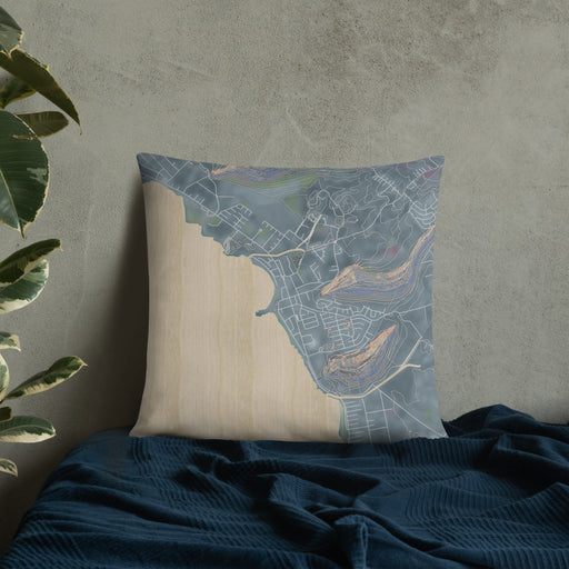 Custom Waianae Hawaii Map Throw Pillow in Afternoon on Bedding Against Wall