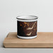 Front View Custom Waianae Hawaii Map Enamel Mug in Ember on Cutting Board