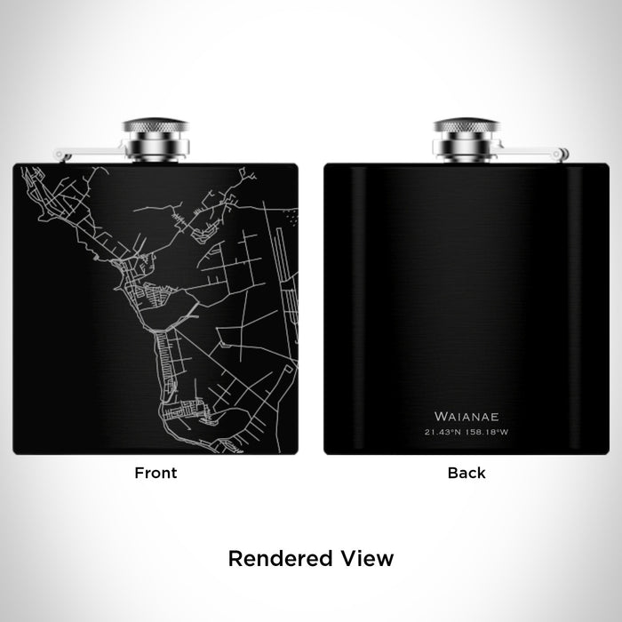 Rendered View of Waianae Hawaii Map Engraving on 6oz Stainless Steel Flask in Black