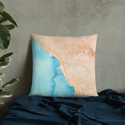Custom Waianae Hawaii Map Throw Pillow in Watercolor on Bedding Against Wall