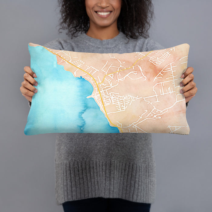 Person holding 20x12 Custom Waianae Hawaii Map Throw Pillow in Watercolor