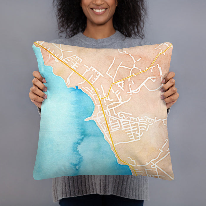 Person holding 18x18 Custom Waianae Hawaii Map Throw Pillow in Watercolor