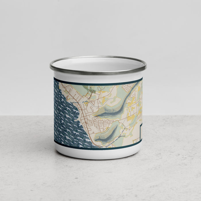 Front View Custom Waianae Hawaii Map Enamel Mug in Woodblock