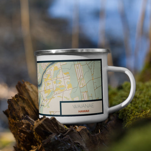 Right View Custom Waianae Hawaii Map Enamel Mug in Woodblock on Grass With Trees in Background