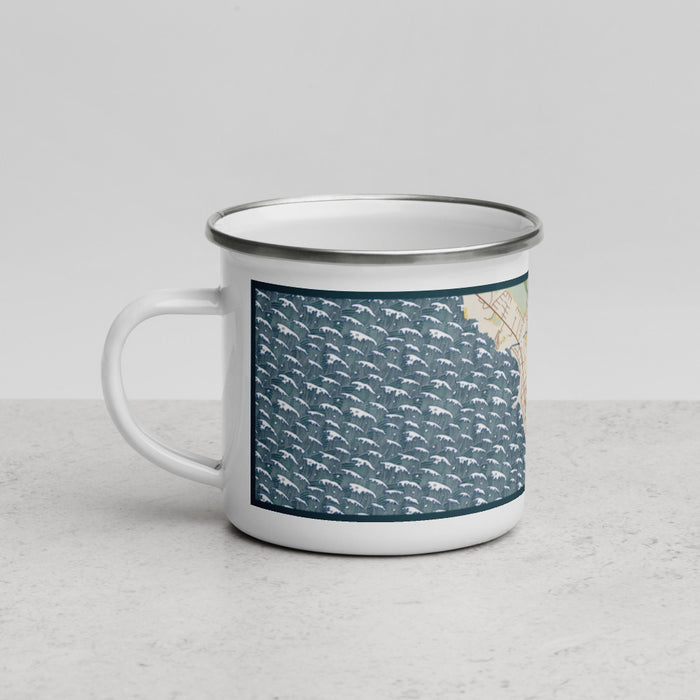 Left View Custom Waianae Hawaii Map Enamel Mug in Woodblock