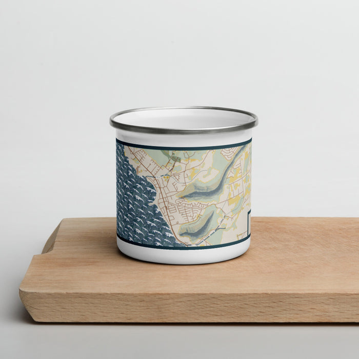 Front View Custom Waianae Hawaii Map Enamel Mug in Woodblock on Cutting Board