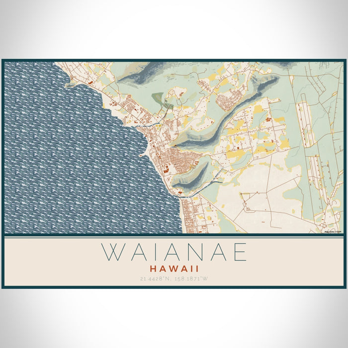 Waianae Hawaii Map Print Landscape Orientation in Woodblock Style With Shaded Background