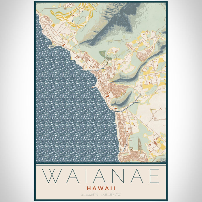 Waianae Hawaii Map Print Portrait Orientation in Woodblock Style With Shaded Background