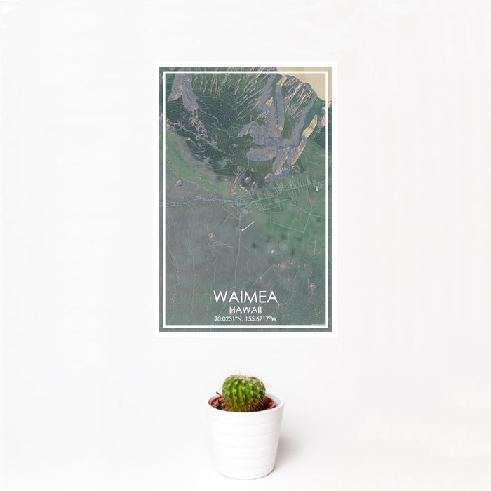 12x18 Waimea Hawaii Map Print Portrait Orientation in Afternoon Style With Small Cactus Plant in White Planter