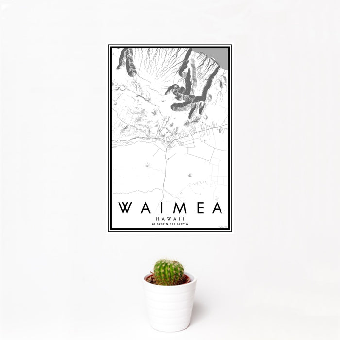 12x18 Waimea Hawaii Map Print Portrait Orientation in Classic Style With Small Cactus Plant in White Planter