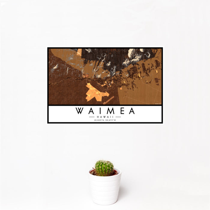 12x18 Waimea Hawaii Map Print Landscape Orientation in Ember Style With Small Cactus Plant in White Planter