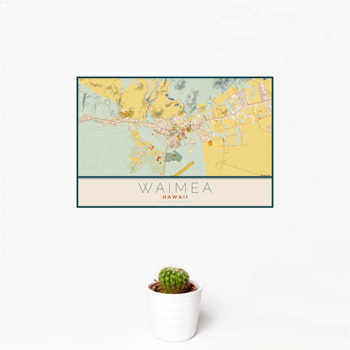 12x18 Waimea Hawaii Map Print Landscape Orientation in Woodblock Style With Small Cactus Plant in White Planter