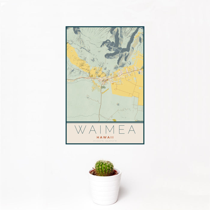 12x18 Waimea Hawaii Map Print Portrait Orientation in Woodblock Style With Small Cactus Plant in White Planter