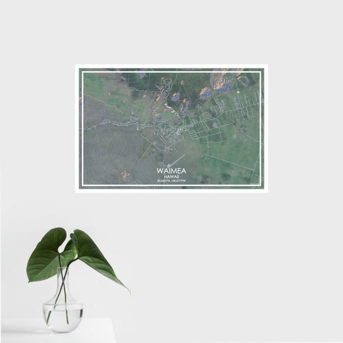 16x24 Waimea Hawaii Map Print Landscape Orientation in Afternoon Style With Tropical Plant Leaves in Water