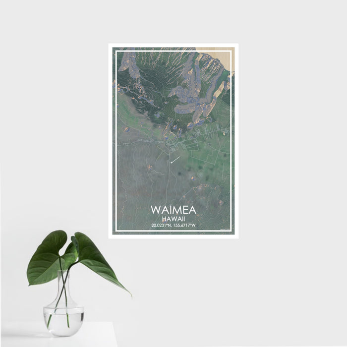 16x24 Waimea Hawaii Map Print Portrait Orientation in Afternoon Style With Tropical Plant Leaves in Water