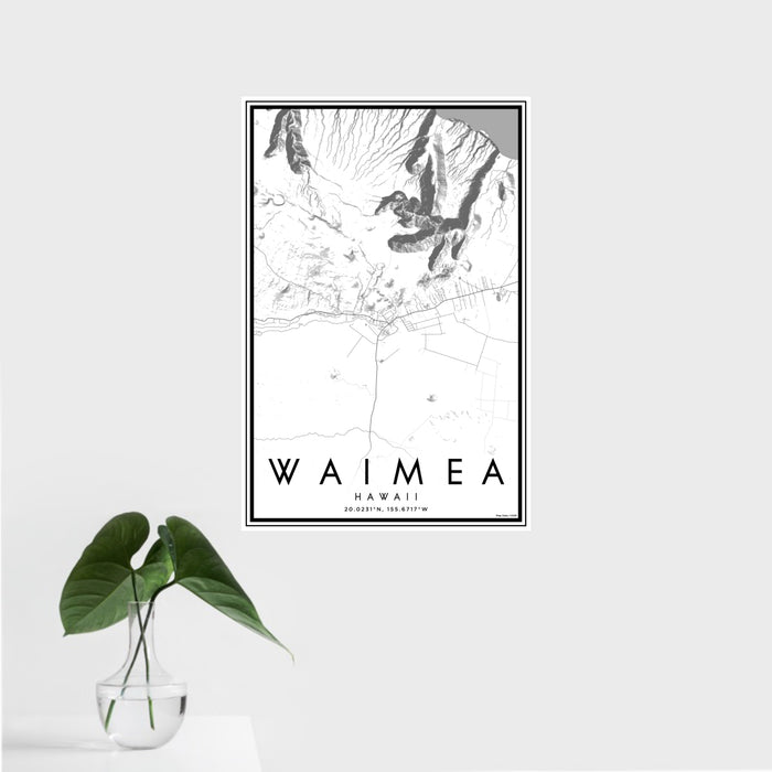 16x24 Waimea Hawaii Map Print Portrait Orientation in Classic Style With Tropical Plant Leaves in Water