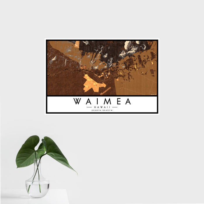 16x24 Waimea Hawaii Map Print Landscape Orientation in Ember Style With Tropical Plant Leaves in Water