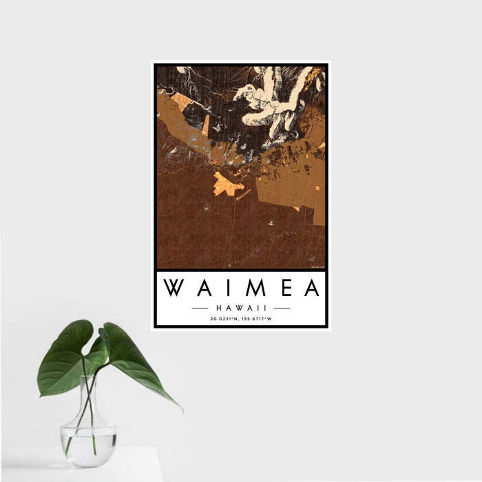 16x24 Waimea Hawaii Map Print Portrait Orientation in Ember Style With Tropical Plant Leaves in Water