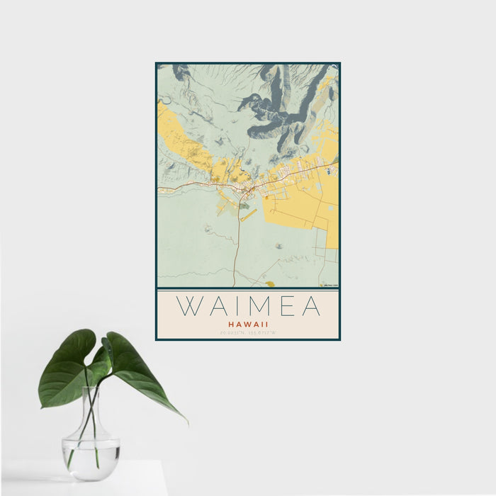 16x24 Waimea Hawaii Map Print Portrait Orientation in Woodblock Style With Tropical Plant Leaves in Water