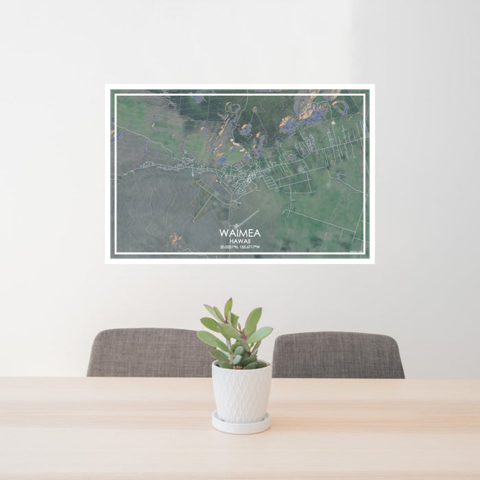 24x36 Waimea Hawaii Map Print Lanscape Orientation in Afternoon Style Behind 2 Chairs Table and Potted Plant