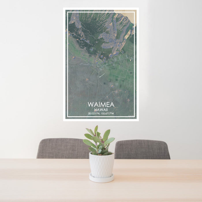 24x36 Waimea Hawaii Map Print Portrait Orientation in Afternoon Style Behind 2 Chairs Table and Potted Plant