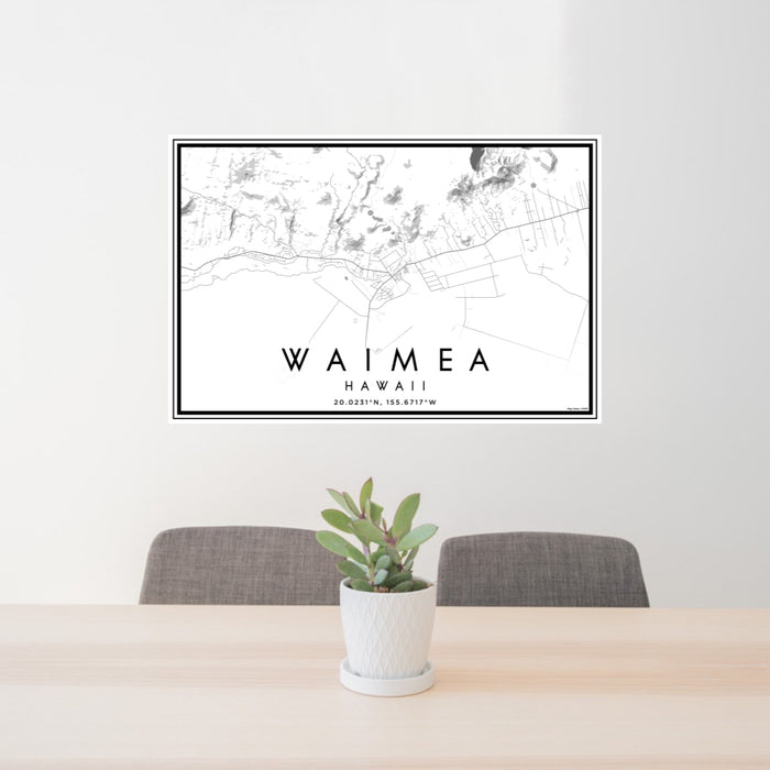 24x36 Waimea Hawaii Map Print Lanscape Orientation in Classic Style Behind 2 Chairs Table and Potted Plant