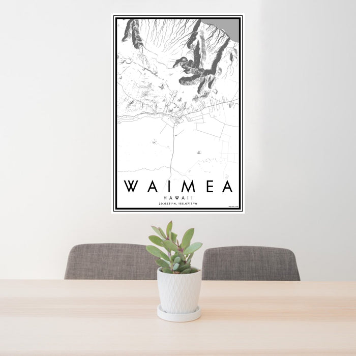24x36 Waimea Hawaii Map Print Portrait Orientation in Classic Style Behind 2 Chairs Table and Potted Plant