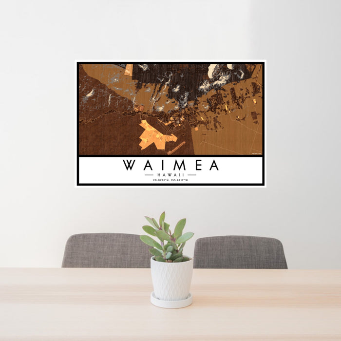 24x36 Waimea Hawaii Map Print Lanscape Orientation in Ember Style Behind 2 Chairs Table and Potted Plant