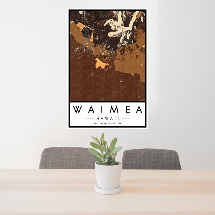 24x36 Waimea Hawaii Map Print Portrait Orientation in Ember Style Behind 2 Chairs Table and Potted Plant