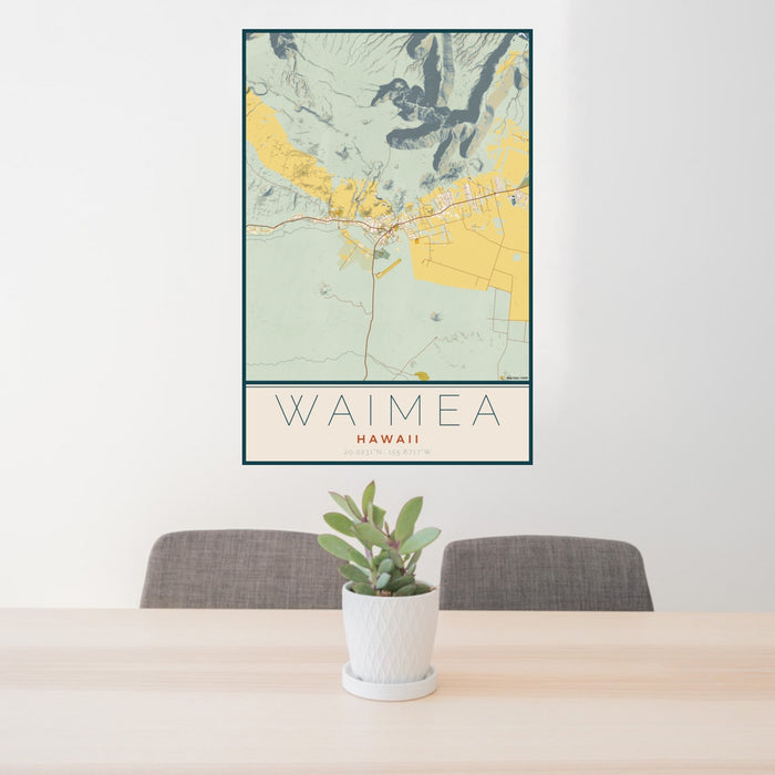 24x36 Waimea Hawaii Map Print Portrait Orientation in Woodblock Style Behind 2 Chairs Table and Potted Plant