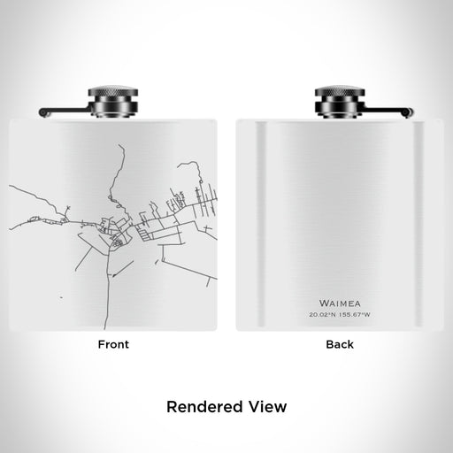 Rendered View of Waimea Hawaii Map Engraving on 6oz Stainless Steel Flask in White