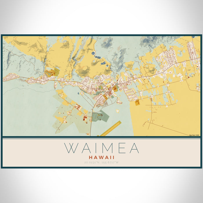 Waimea Hawaii Map Print Landscape Orientation in Woodblock Style With Shaded Background