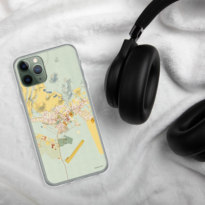 Custom Waimea Hawaii Map Phone Case in Woodblock on Table with Black Headphones