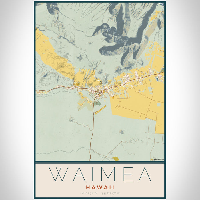 Waimea Hawaii Map Print Portrait Orientation in Woodblock Style With Shaded Background