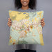 Person holding 18x18 Custom Waimea Hawaii Map Throw Pillow in Woodblock