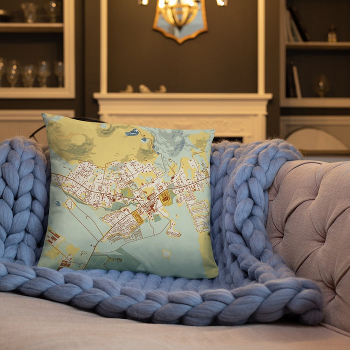 Custom Waimea Hawaii Map Throw Pillow in Woodblock on Cream Colored Couch