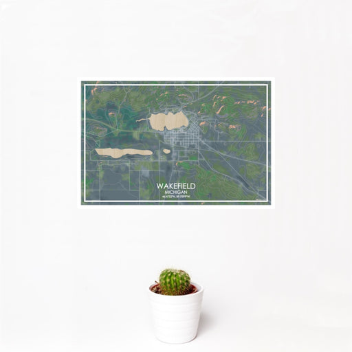 12x18 Wakefield Michigan Map Print Landscape Orientation in Afternoon Style With Small Cactus Plant in White Planter