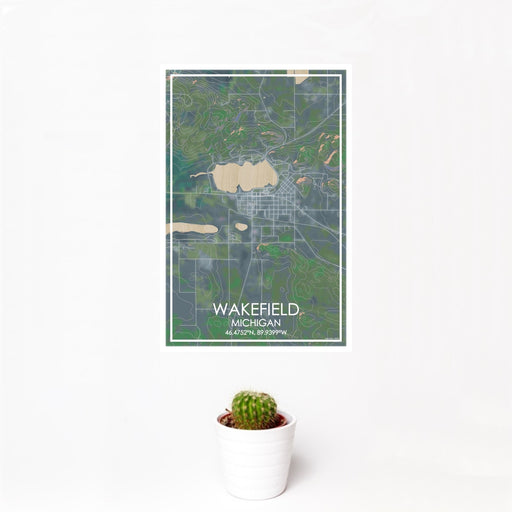12x18 Wakefield Michigan Map Print Portrait Orientation in Afternoon Style With Small Cactus Plant in White Planter