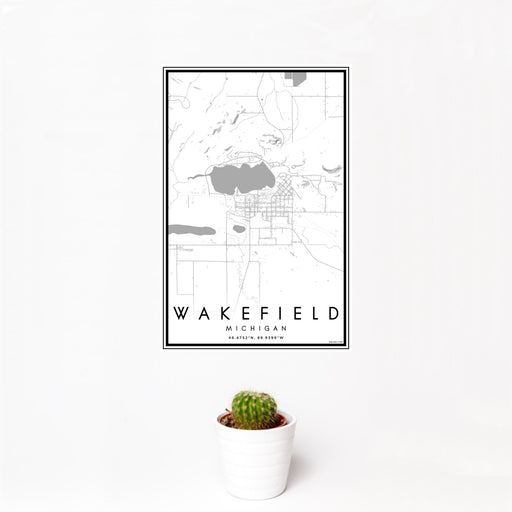 12x18 Wakefield Michigan Map Print Portrait Orientation in Classic Style With Small Cactus Plant in White Planter