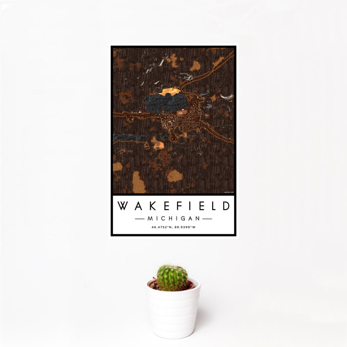 12x18 Wakefield Michigan Map Print Portrait Orientation in Ember Style With Small Cactus Plant in White Planter